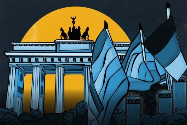 Illustratie van de Brandenburger Tor in Berlijn met twee pridevlaggen, een Duitse vlag en bloemen op de voorgrond als eerbetoon.